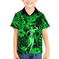 Hawaii Hula Girl Family Matching Off Shoulder Short Dress and Hawaiian Shirt Polynesian Pattern Green Version - Wonder Print Shop