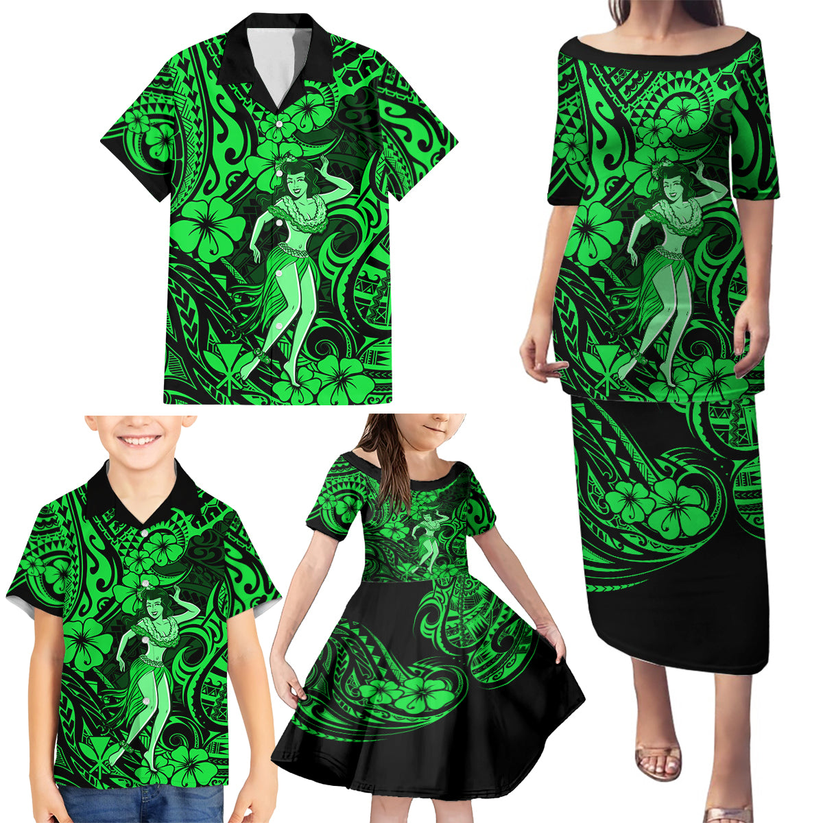 Hawaii Hula Girl Family Matching Puletasi Dress and Hawaiian Shirt Polynesian Pattern Green Version - Wonder Print Shop