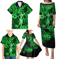 Hawaii Hula Girl Family Matching Puletasi Dress and Hawaiian Shirt Polynesian Pattern Green Version - Wonder Print Shop
