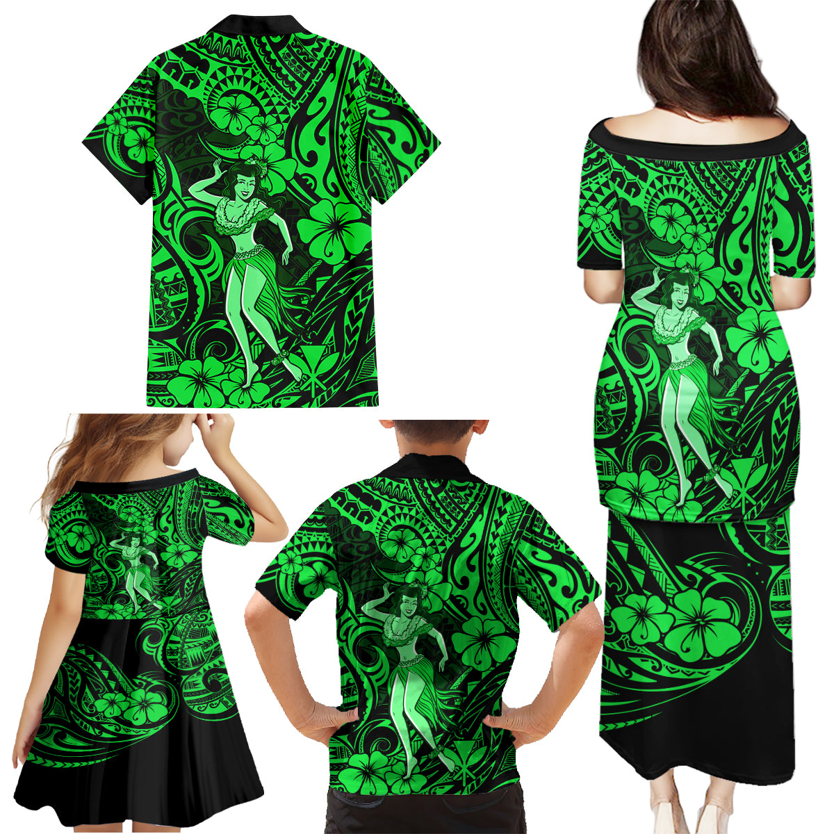 Hawaii Hula Girl Family Matching Puletasi Dress and Hawaiian Shirt Polynesian Pattern Green Version - Wonder Print Shop