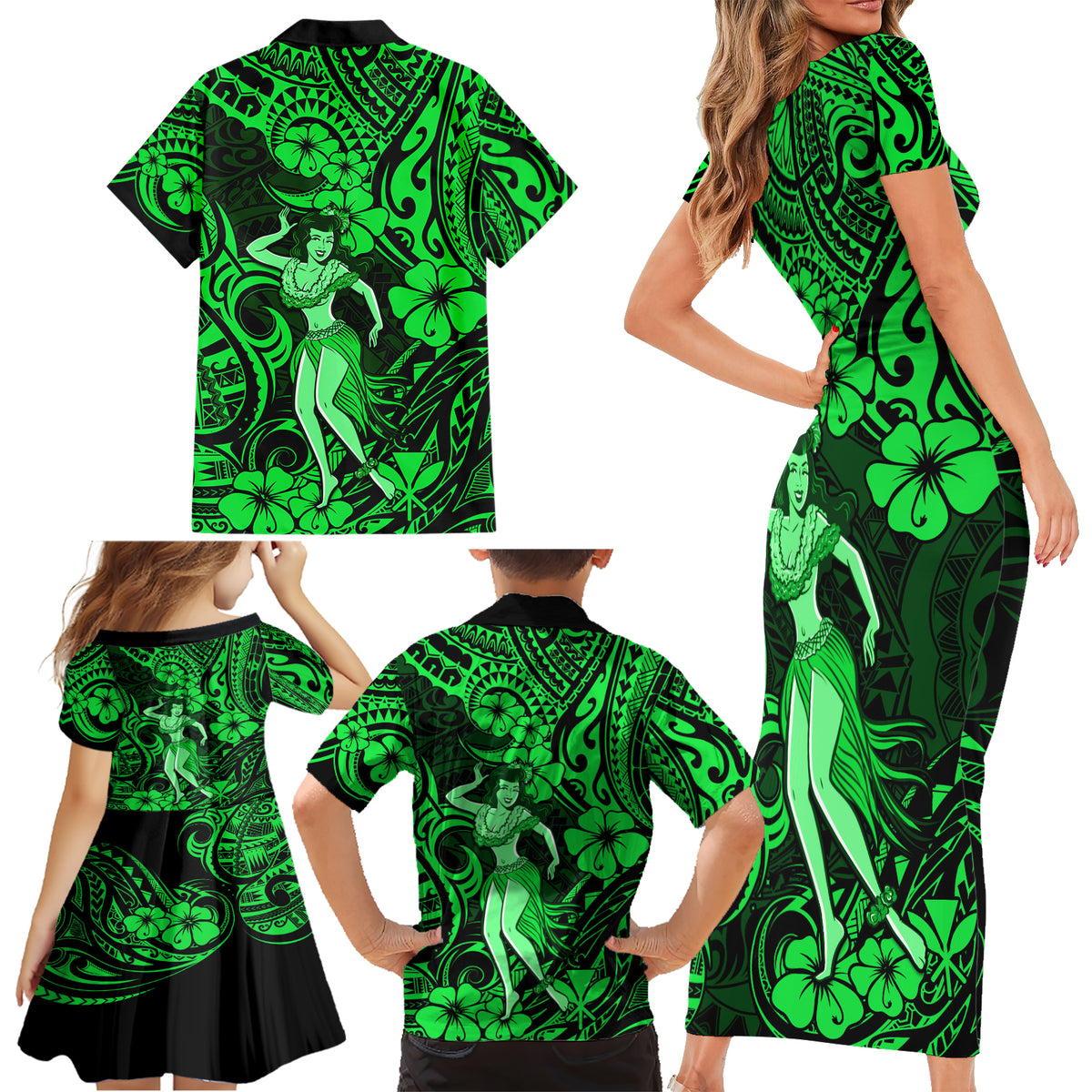 Hawaii Hula Girl Family Matching Short Sleeve Bodycon Dress and Hawaiian Shirt Polynesian Pattern Green Version - Wonder Print Shop
