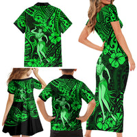 Hawaii Hula Girl Family Matching Short Sleeve Bodycon Dress and Hawaiian Shirt Polynesian Pattern Green Version - Wonder Print Shop