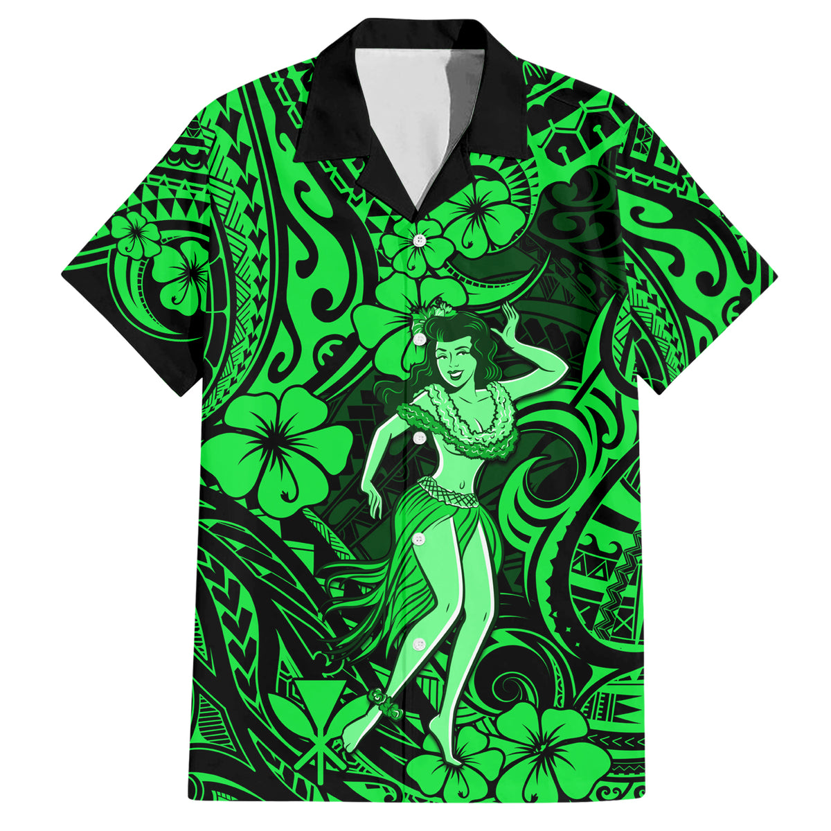 Hawaii Hula Girl Family Matching Short Sleeve Bodycon Dress and Hawaiian Shirt Polynesian Pattern Green Version - Wonder Print Shop