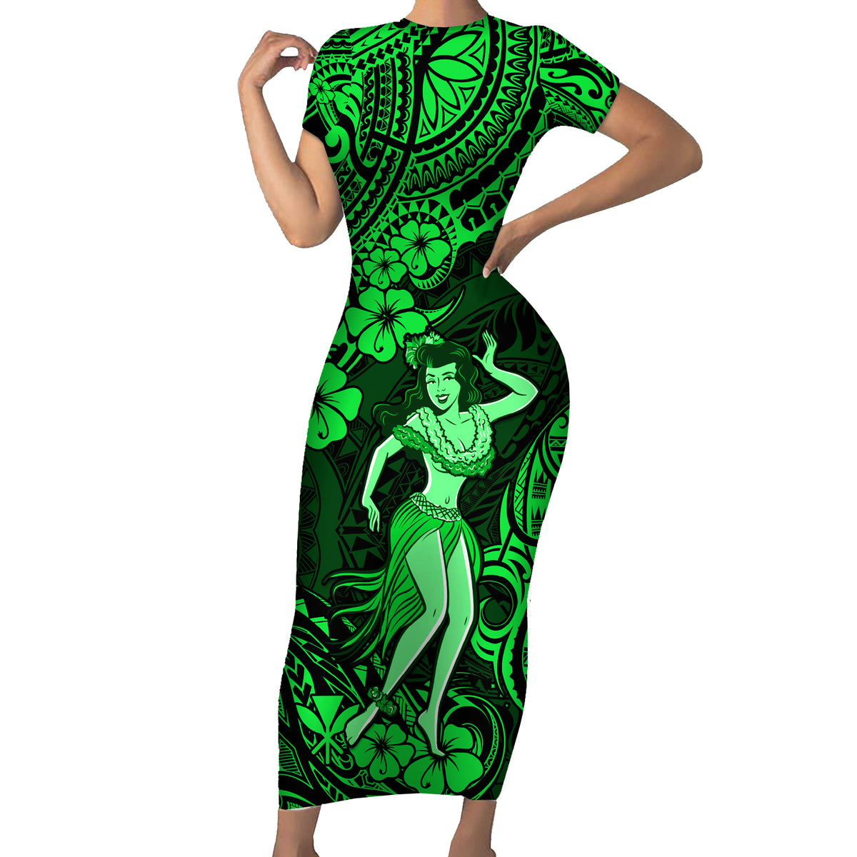 Hawaii Hula Girl Family Matching Short Sleeve Bodycon Dress and Hawaiian Shirt Polynesian Pattern Green Version - Wonder Print Shop