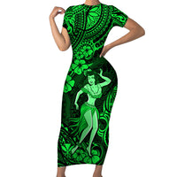 Hawaii Hula Girl Family Matching Short Sleeve Bodycon Dress and Hawaiian Shirt Polynesian Pattern Green Version - Wonder Print Shop