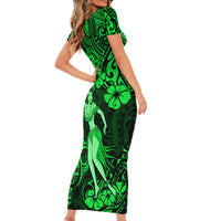 Hawaii Hula Girl Family Matching Short Sleeve Bodycon Dress and Hawaiian Shirt Polynesian Pattern Green Version - Wonder Print Shop