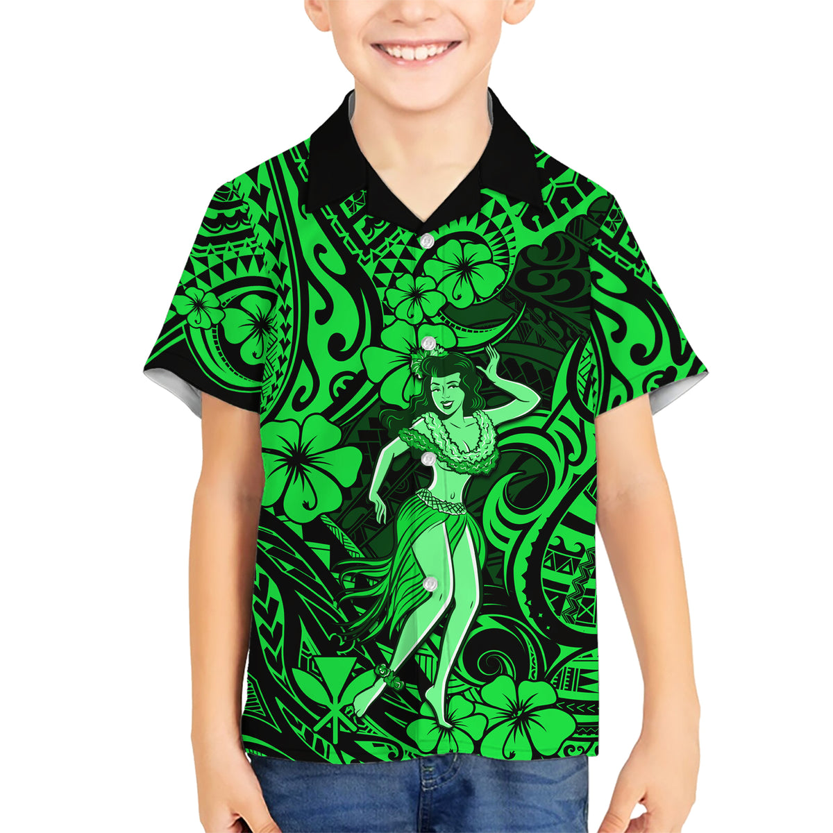 Hawaii Hula Girl Family Matching Short Sleeve Bodycon Dress and Hawaiian Shirt Polynesian Pattern Green Version - Wonder Print Shop