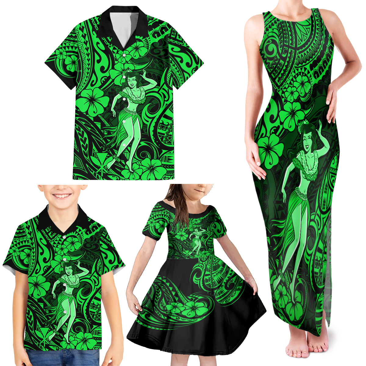 Hawaii Hula Girl Family Matching Tank Maxi Dress and Hawaiian Shirt Polynesian Pattern Green Version - Wonder Print Shop