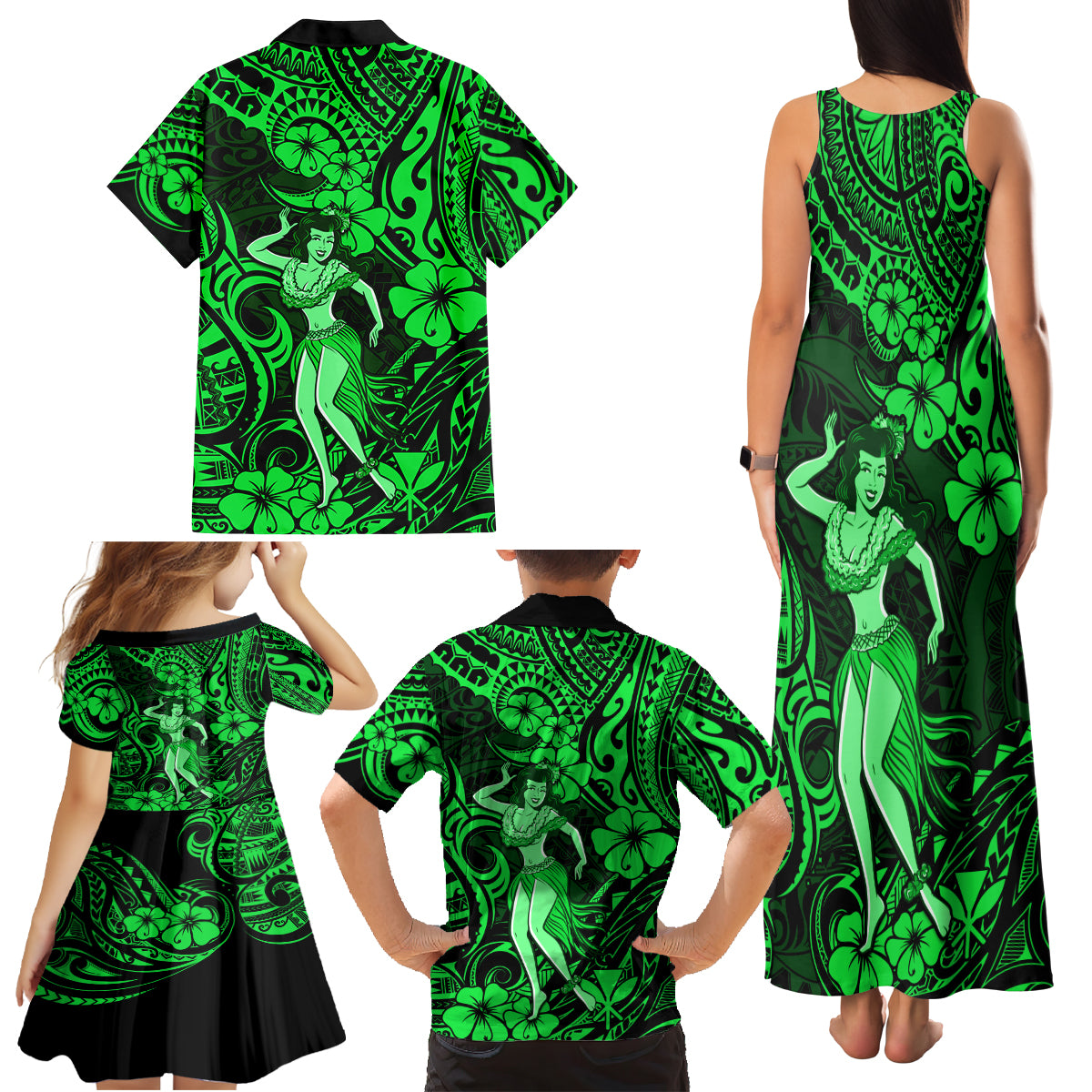 Hawaii Hula Girl Family Matching Tank Maxi Dress and Hawaiian Shirt Polynesian Pattern Green Version - Wonder Print Shop