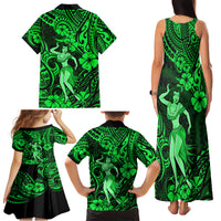 Hawaii Hula Girl Family Matching Tank Maxi Dress and Hawaiian Shirt Polynesian Pattern Green Version - Wonder Print Shop