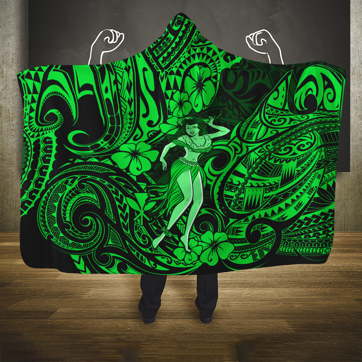 hawaii-hula-girl-hooded-blanket-polynesian-pattern-green-version