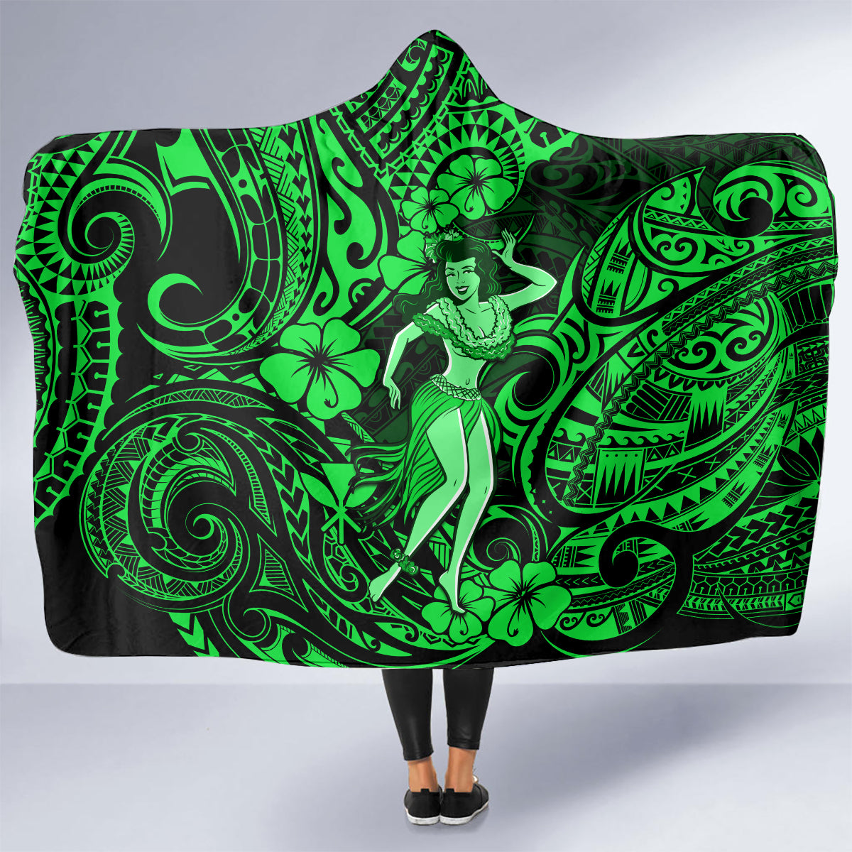 hawaii-hula-girl-hooded-blanket-polynesian-pattern-green-version