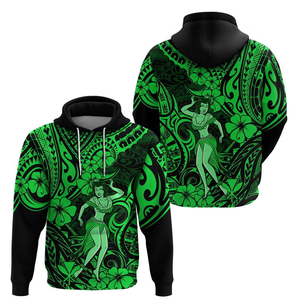 Hawaii Hula Girl Hoodie Polynesian Pattern Green Version - Wonder Print Shop