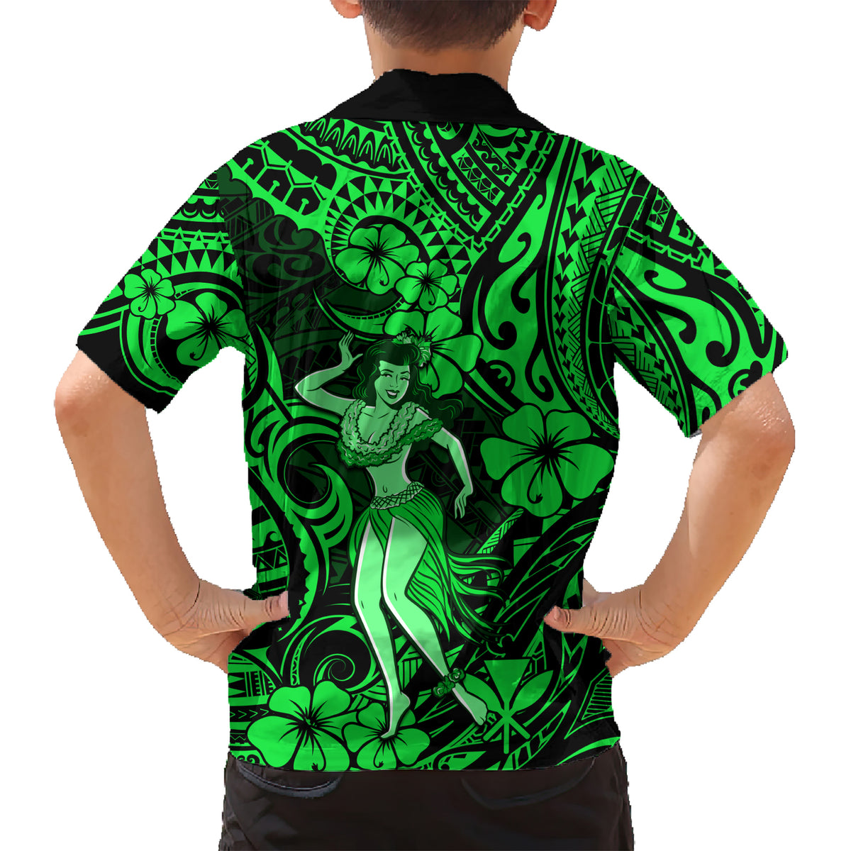 Hawaii Hula Girl Kid Hawaiian Shirt Polynesian Pattern Green Version - Wonder Print Shop