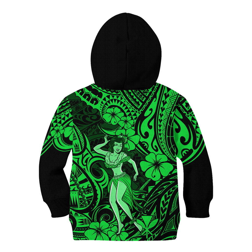 Hawaii Hula Girl Kid Hoodie Polynesian Pattern Green Version - Wonder Print Shop