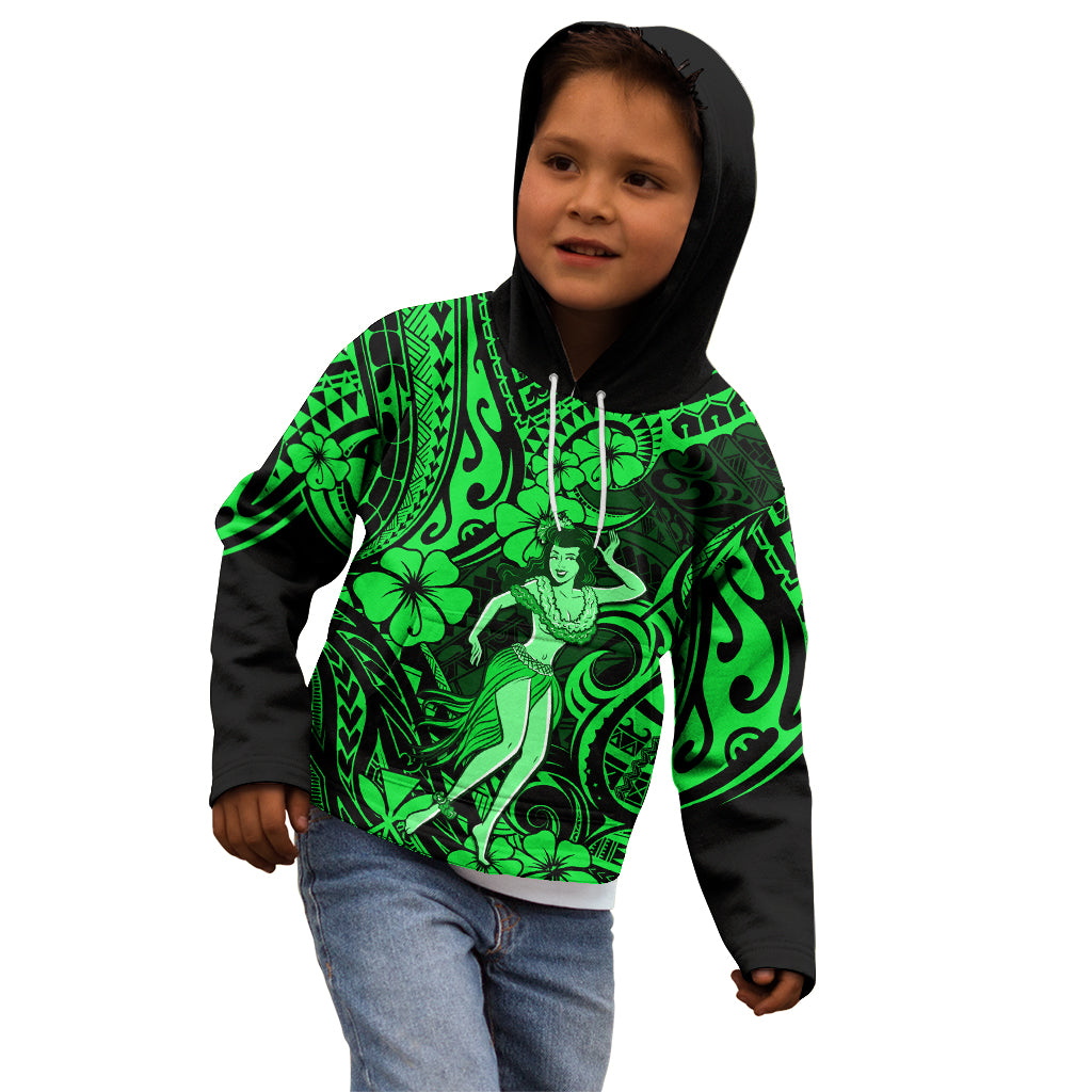 Hawaii Hula Girl Kid Hoodie Polynesian Pattern Green Version - Wonder Print Shop
