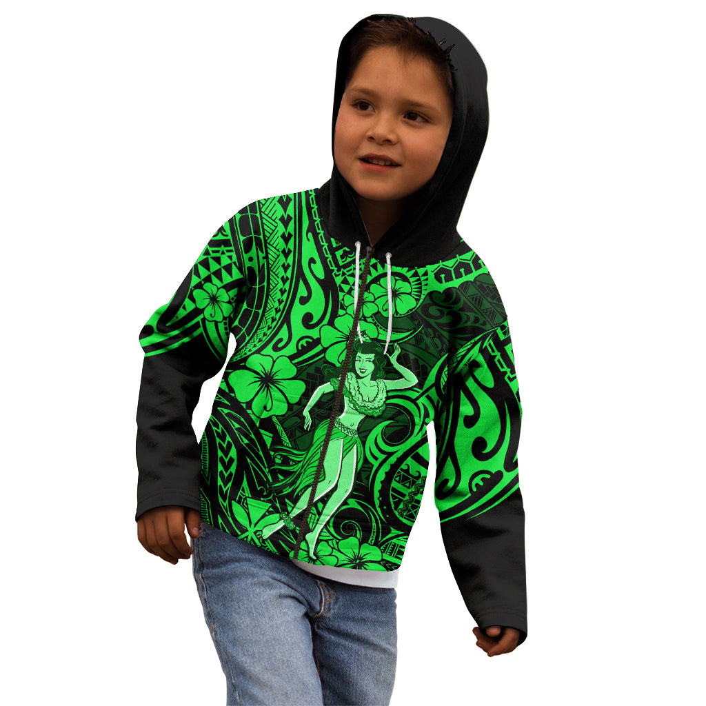 Hawaii Hula Girl Kid Hoodie Polynesian Pattern Green Version - Wonder Print Shop