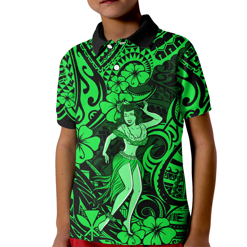 Hawaii Hula Girl Kid Polo Shirt Polynesian Pattern Green Version - Wonder Print Shop