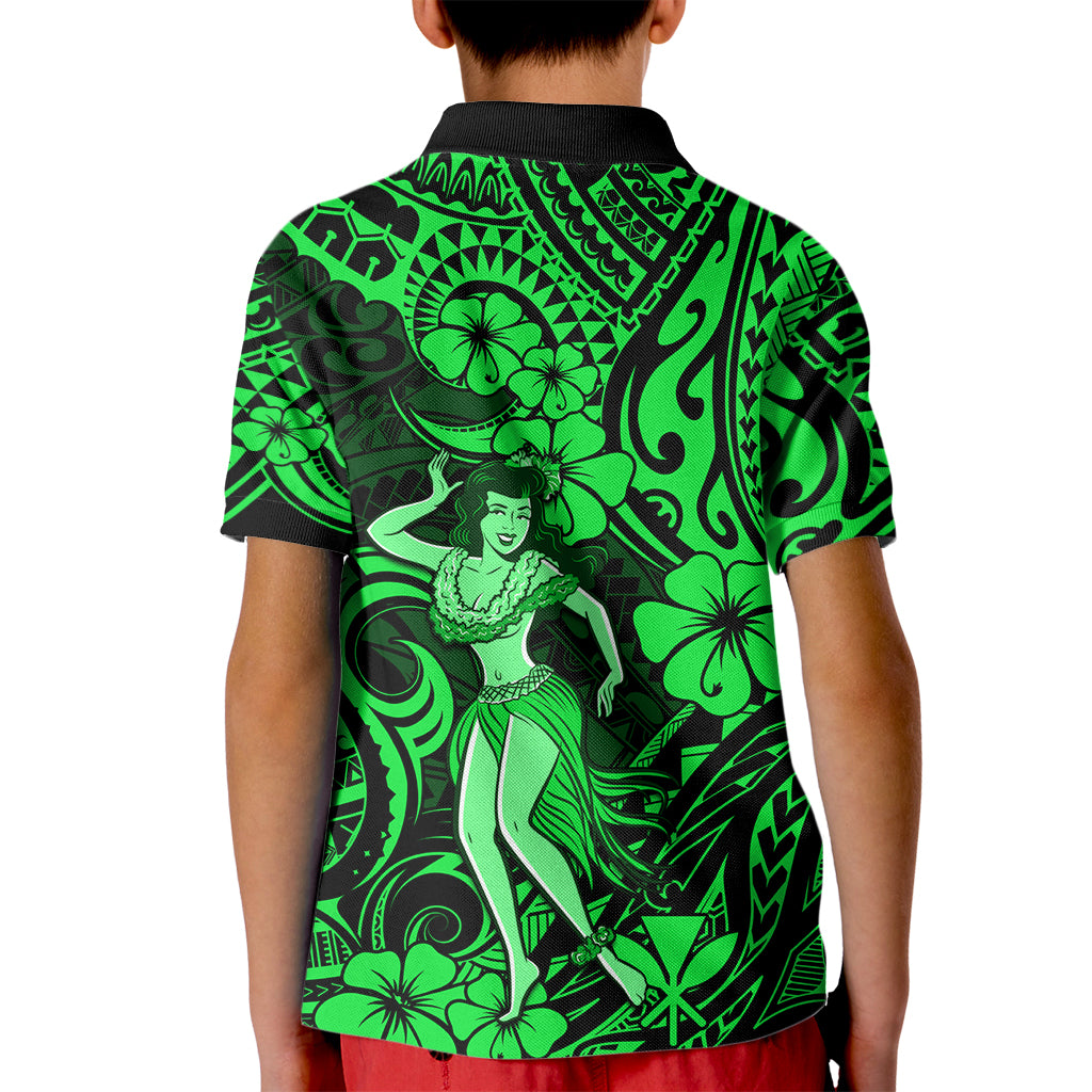 Hawaii Hula Girl Kid Polo Shirt Polynesian Pattern Green Version - Wonder Print Shop