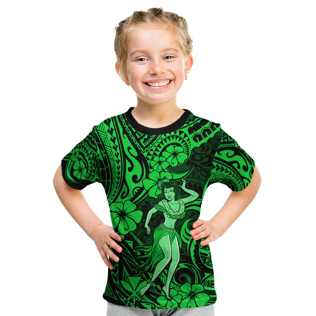 Hawaii Hula Girl Kid T Shirt Polynesian Pattern Green Version - Wonder Print Shop