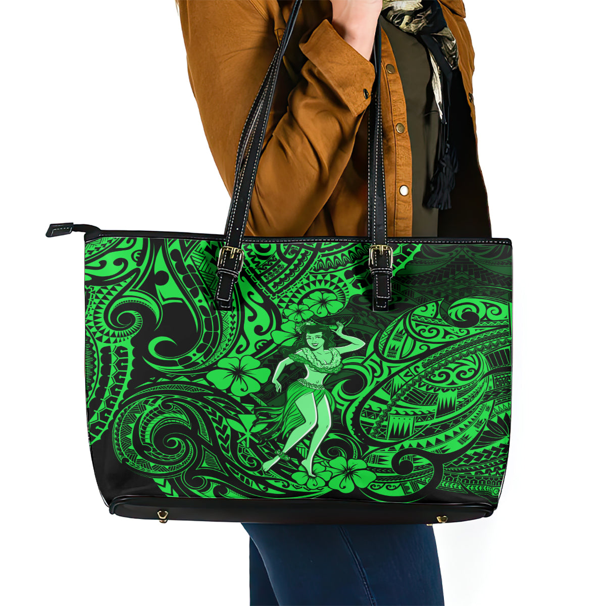 Hawaii Hula Girl Leather Tote Bag Polynesian Pattern Green Version - Wonder Print Shop