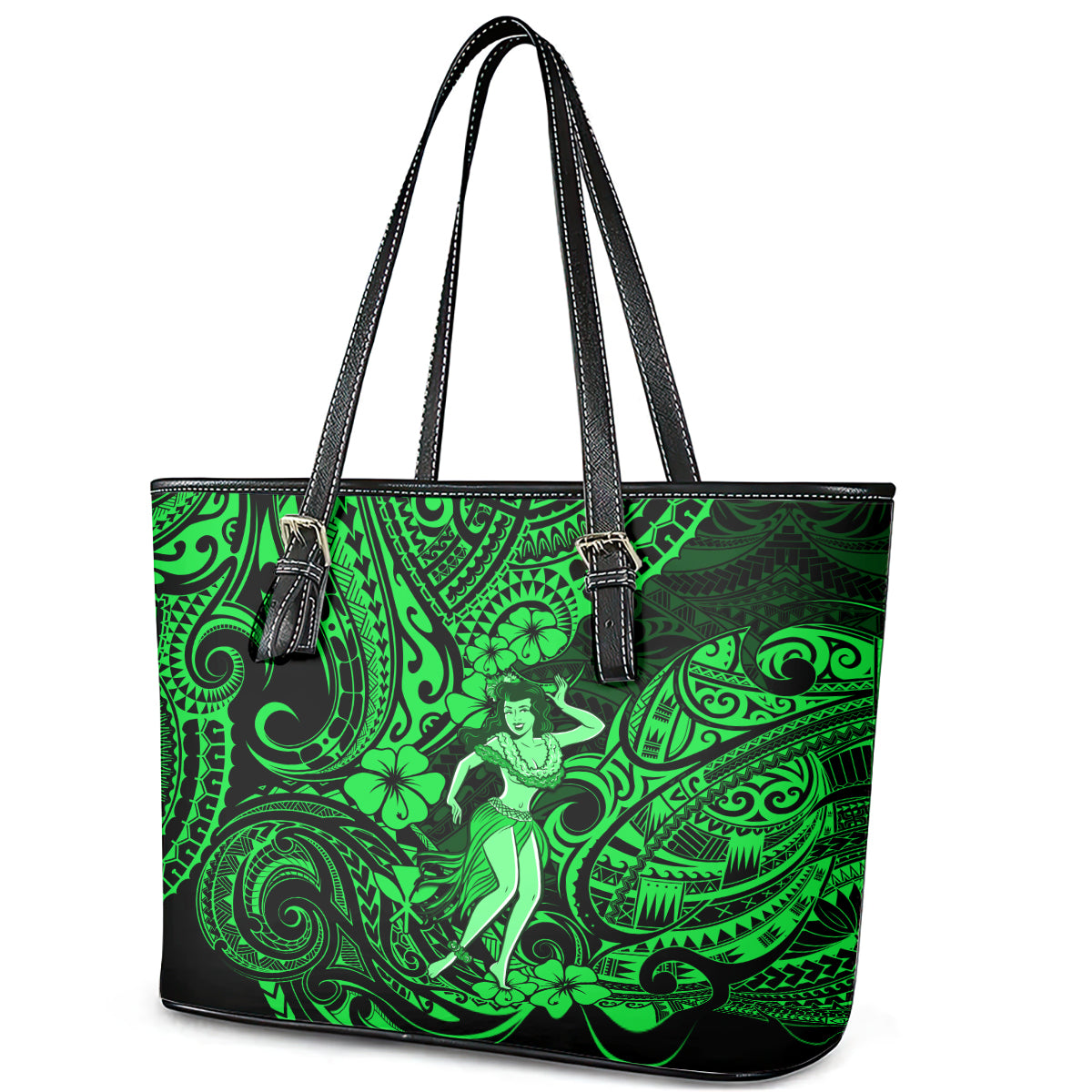 Hawaii Hula Girl Leather Tote Bag Polynesian Pattern Green Version - Wonder Print Shop