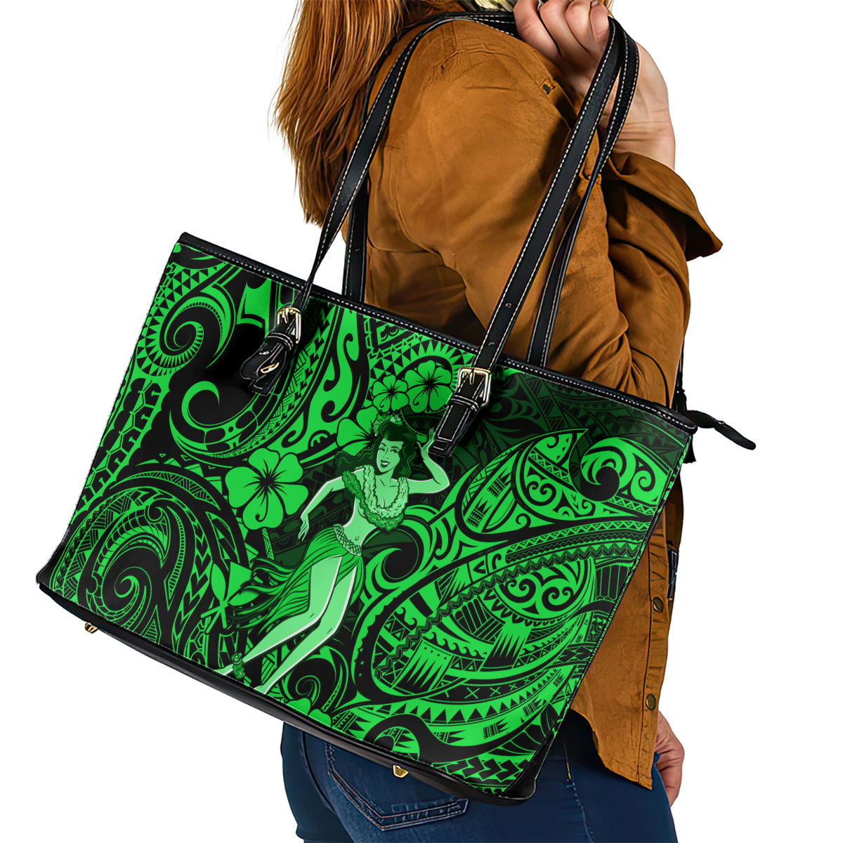 Hawaii Hula Girl Leather Tote Bag Polynesian Pattern Green Version - Wonder Print Shop