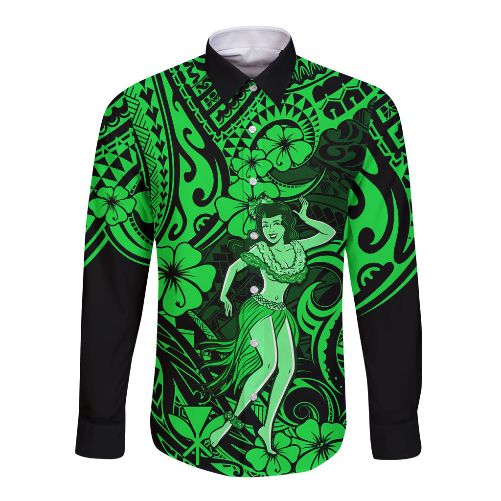 Hawaii Hula Girl Long Sleeve Button Shirt Polynesian Pattern Green Version - Wonder Print Shop