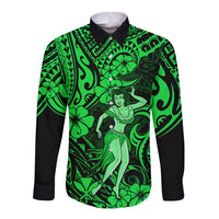 Hawaii Hula Girl Long Sleeve Button Shirt Polynesian Pattern Green Version - Wonder Print Shop