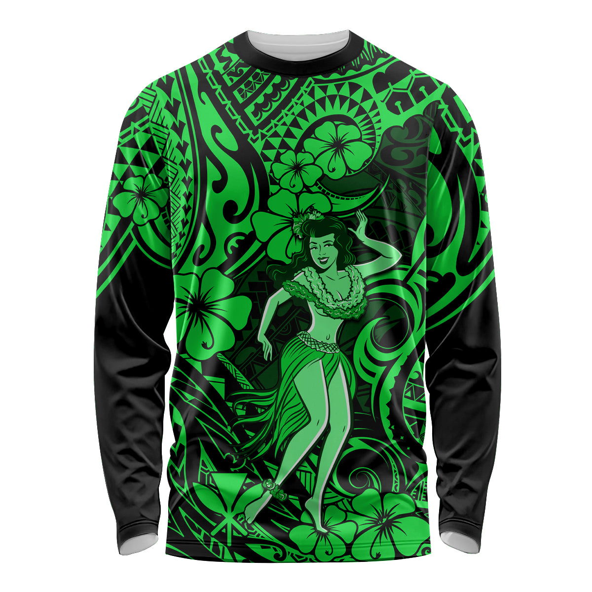 Hawaii Hula Girl Long Sleeve Shirt Polynesian Pattern Green Version - Wonder Print Shop