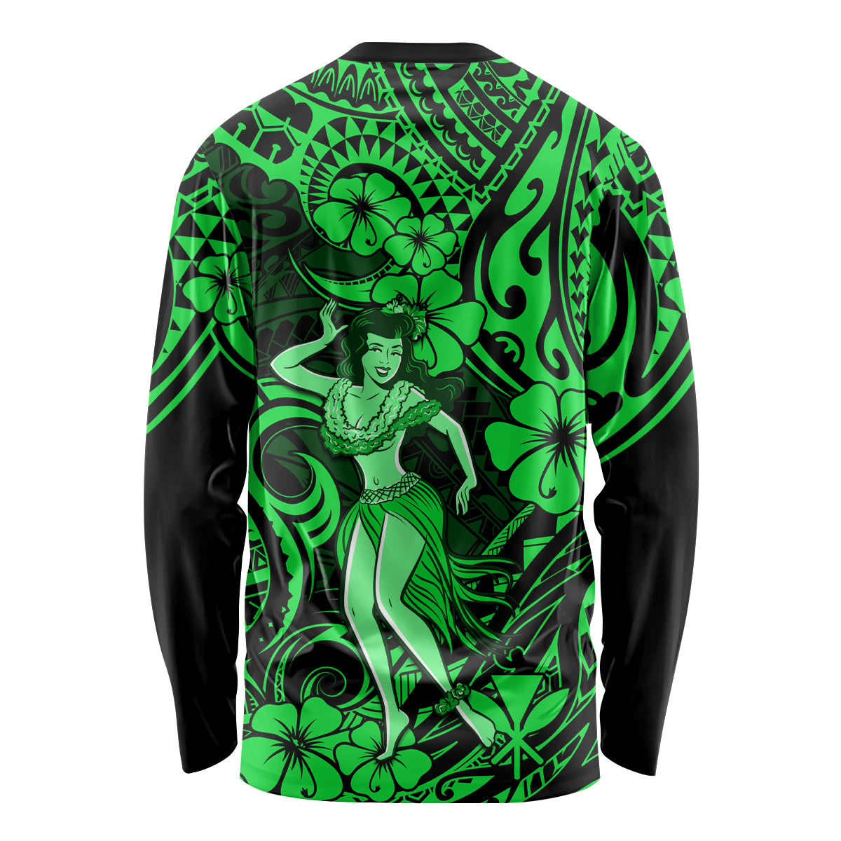 Hawaii Hula Girl Long Sleeve Shirt Polynesian Pattern Green Version - Wonder Print Shop
