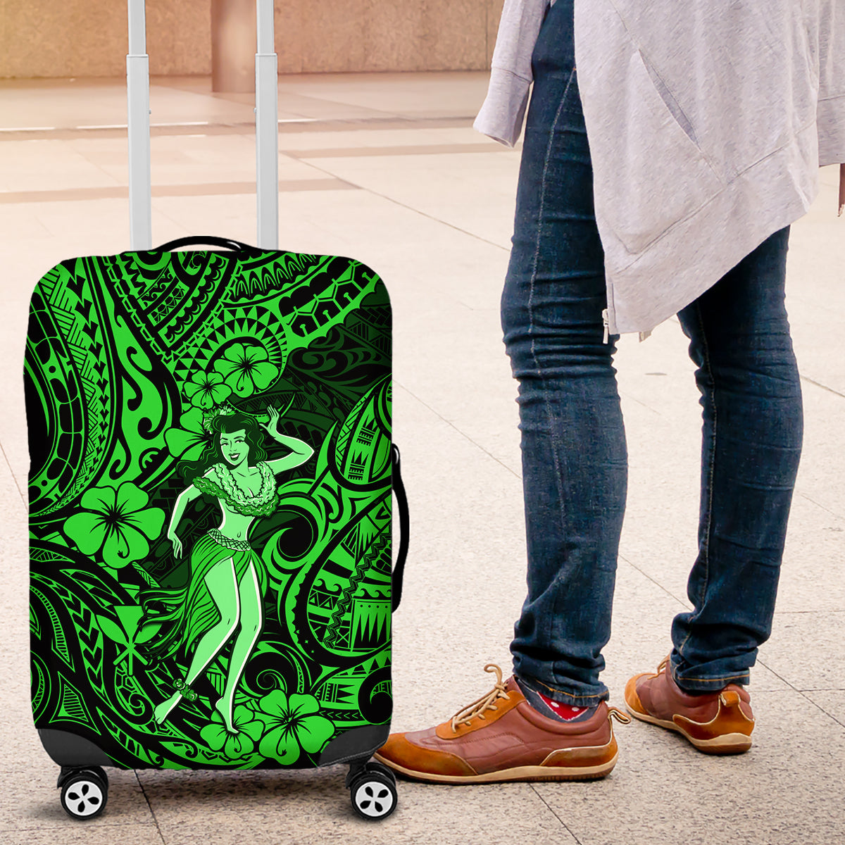 Hawaii Hula Girl Luggage Cover Polynesian Pattern Green Version - Wonder Print Shop