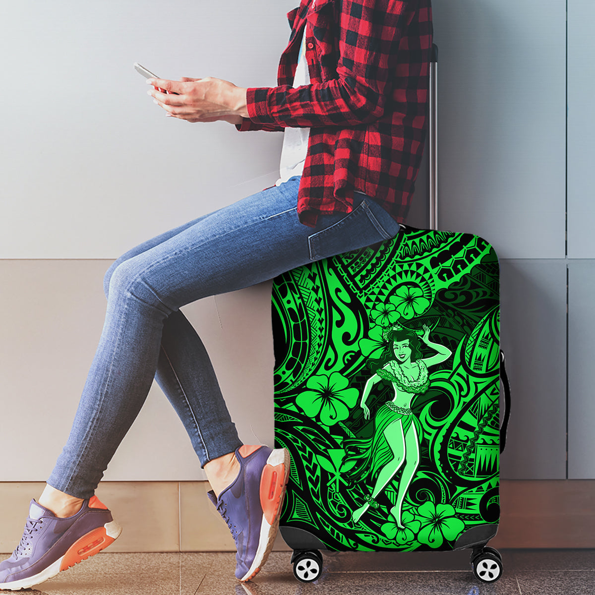 Hawaii Hula Girl Luggage Cover Polynesian Pattern Green Version - Wonder Print Shop