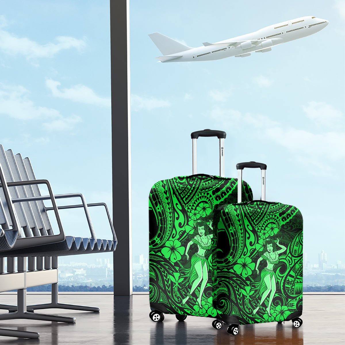 Hawaii Hula Girl Luggage Cover Polynesian Pattern Green Version - Wonder Print Shop
