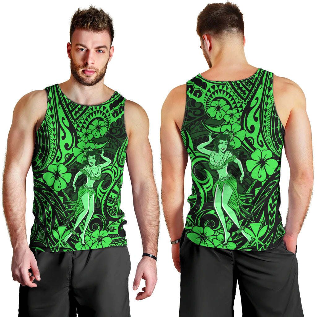 Hawaii Hula Girl Men Tank Top Polynesian Pattern Green Version - Wonder Print Shop