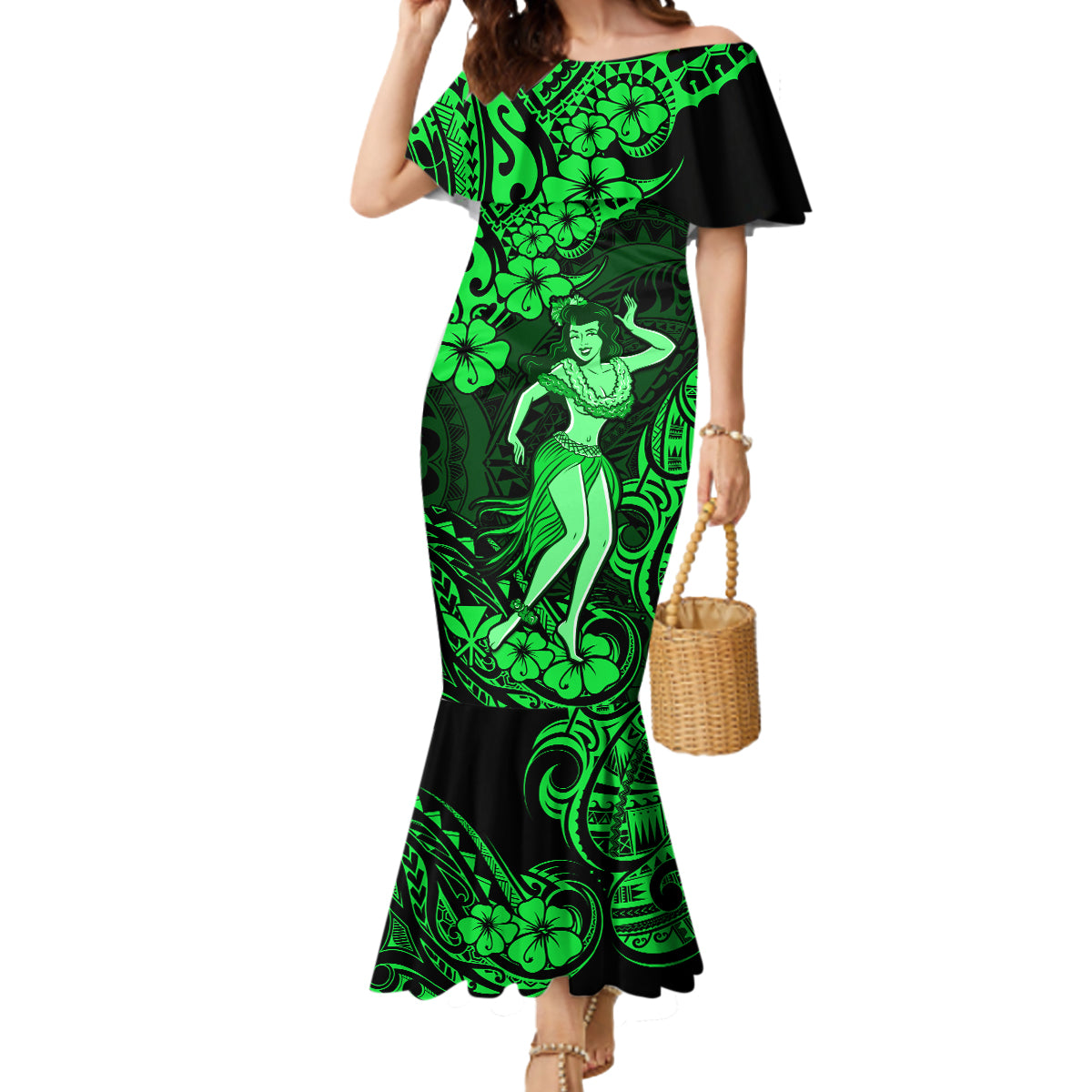 Hawaii Hula Girl Mermaid Dress Polynesian Pattern Green Version - Wonder Print Shop