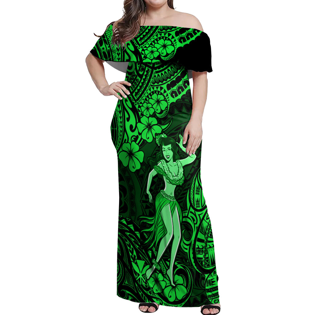 Hawaii Hula Girl Off Shoulder Maxi Dress Polynesian Pattern Green Version - Wonder Print Shop