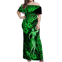 Hawaii Hula Girl Off Shoulder Maxi Dress Polynesian Pattern Green Version - Wonder Print Shop