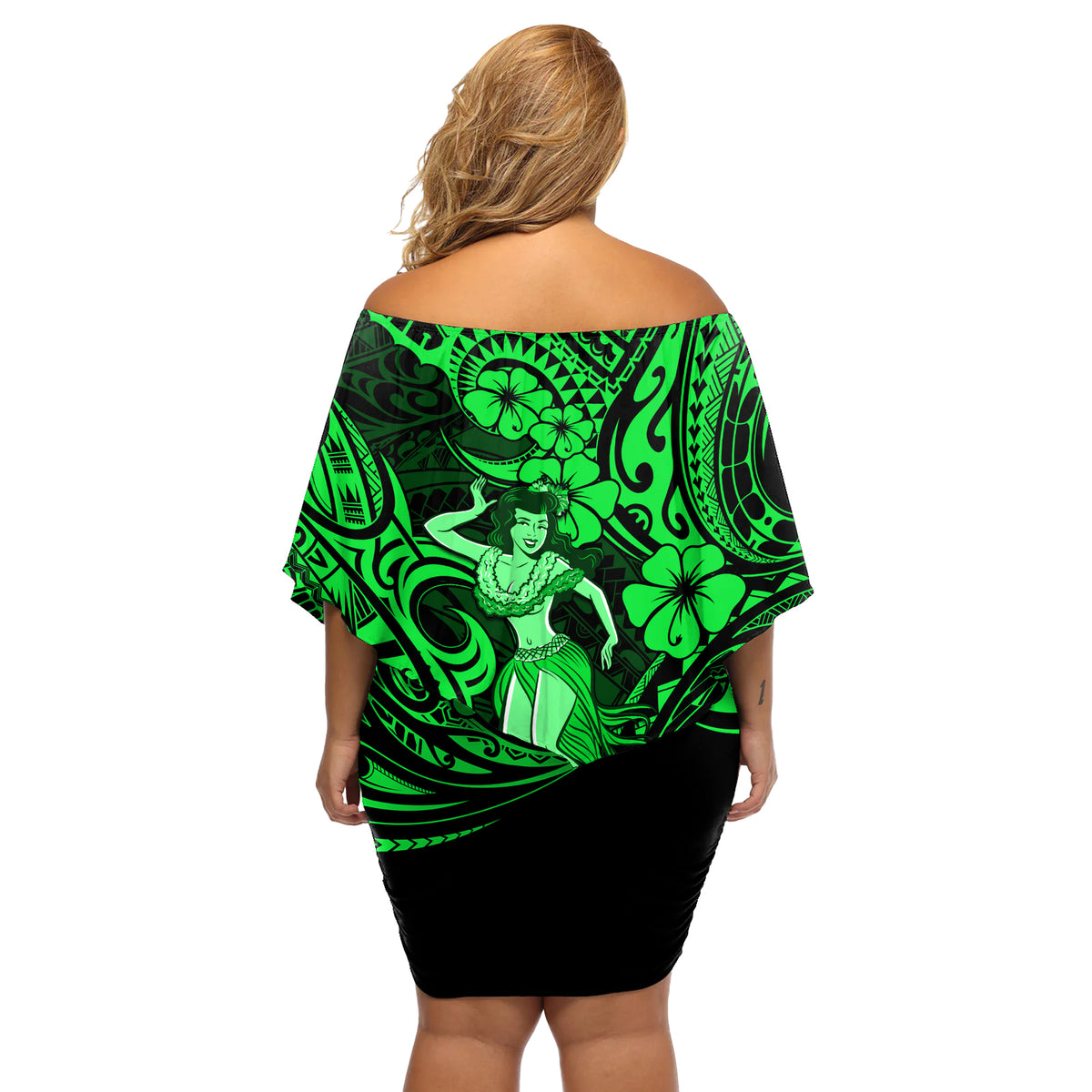Hawaii Hula Girl Off Shoulder Short Dress Polynesian Pattern Green Version - Wonder Print Shop