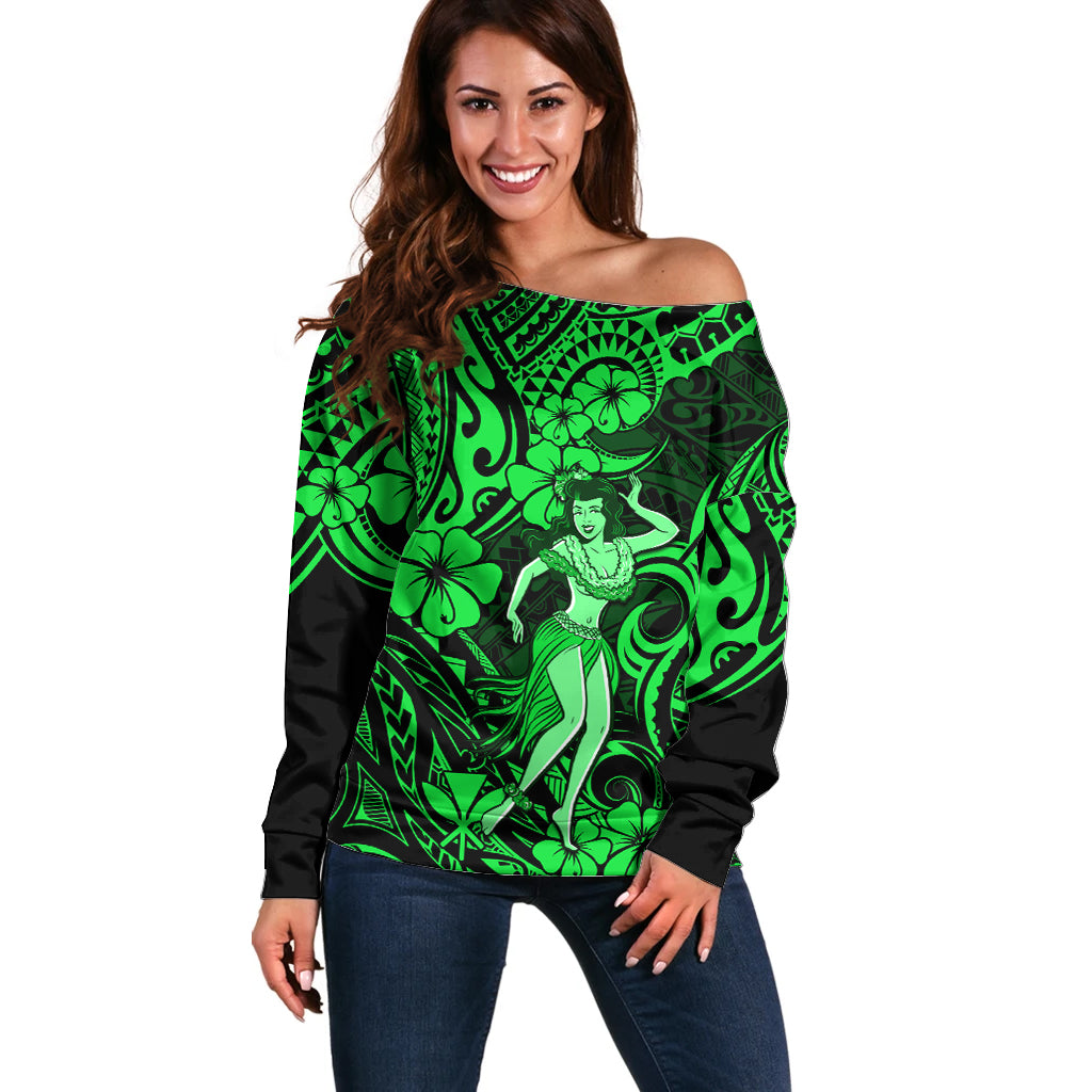 Hawaii Hula Girl Off Shoulder Sweater Polynesian Pattern Green Version - Wonder Print Shop