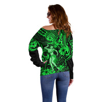 Hawaii Hula Girl Off Shoulder Sweater Polynesian Pattern Green Version - Wonder Print Shop