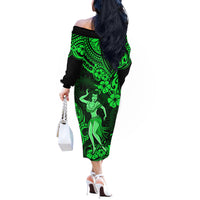 Hawaii Hula Girl Off The Shoulder Long Sleeve Dress Polynesian Pattern Green Version - Wonder Print Shop