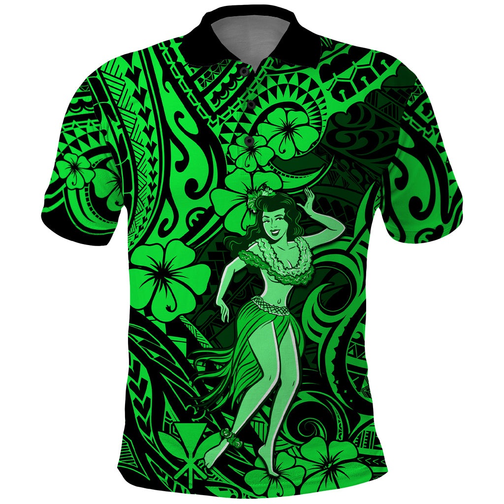 Hawaii Hula Girl Polo Shirt Polynesian Pattern Green Version - Wonder Print Shop