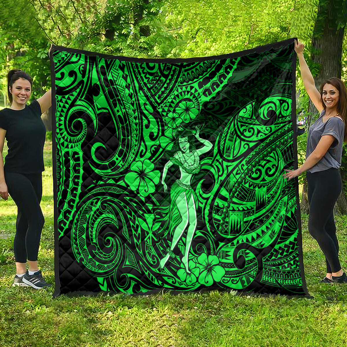 Hawaii Hula Girl Quilt Polynesian Pattern Green Version - Wonder Print Shop
