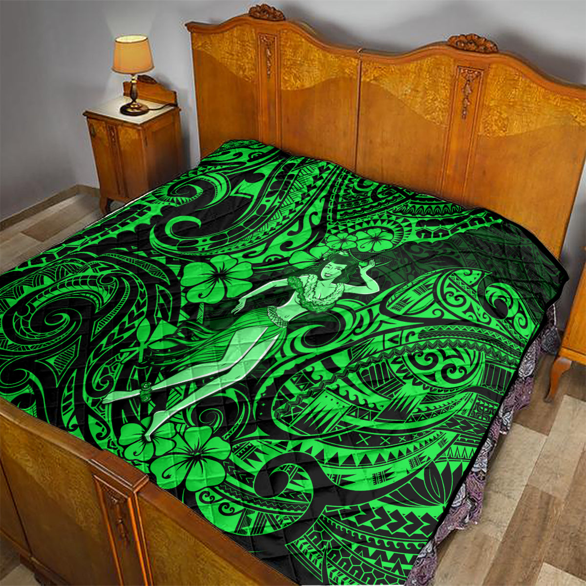 Hawaii Hula Girl Quilt Polynesian Pattern Green Version - Wonder Print Shop