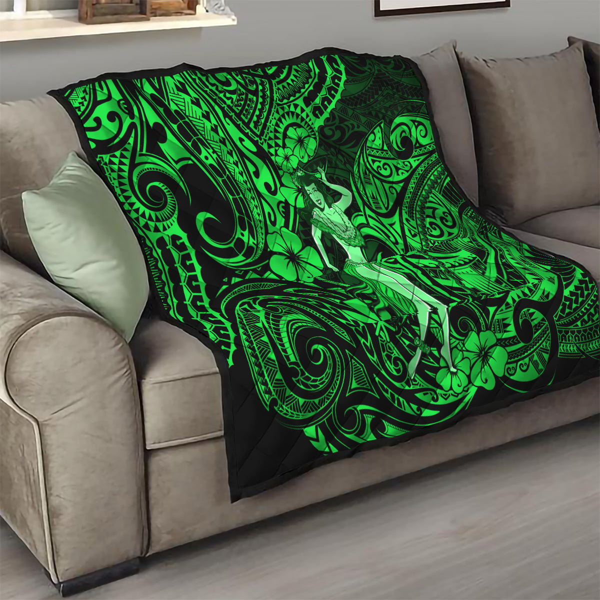 Hawaii Hula Girl Quilt Polynesian Pattern Green Version - Wonder Print Shop