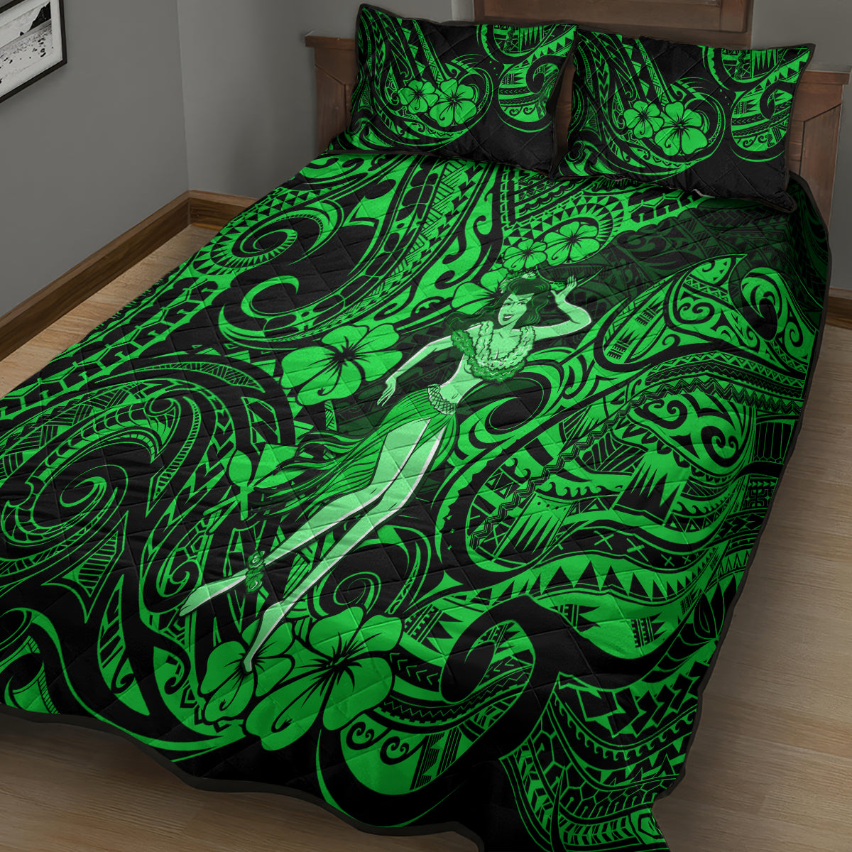 Hawaii Hula Girl Quilt Bed Set Polynesian Pattern Green Version - Wonder Print Shop