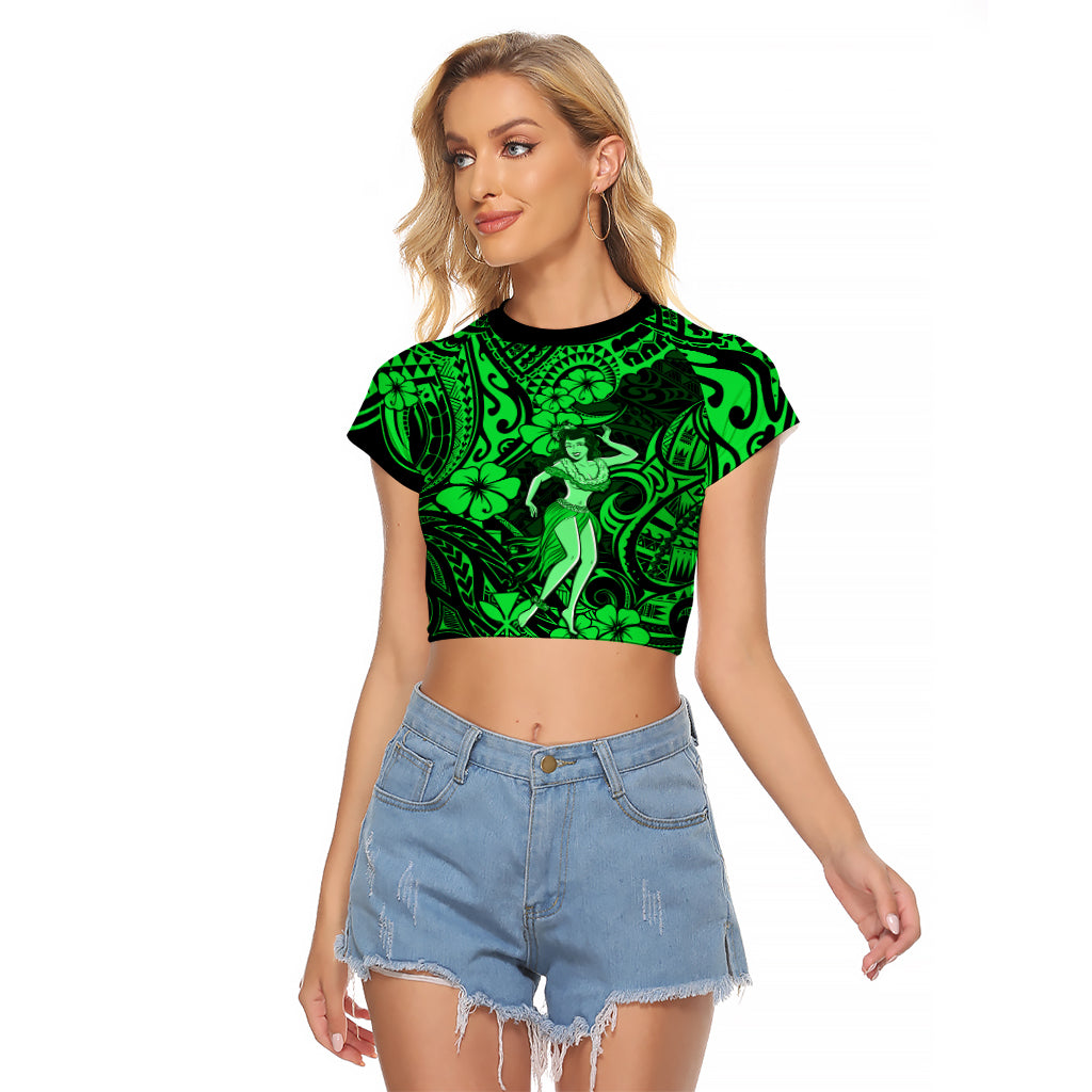 Hawaii Hula Girl Raglan Cropped T Shirt Polynesian Pattern Green Version - Wonder Print Shop
