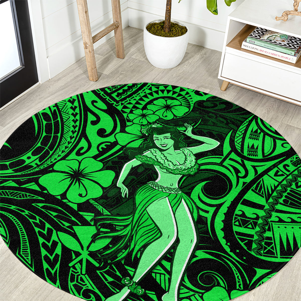 hawaii-hula-girl-round-carpet-polynesian-pattern-green-version
