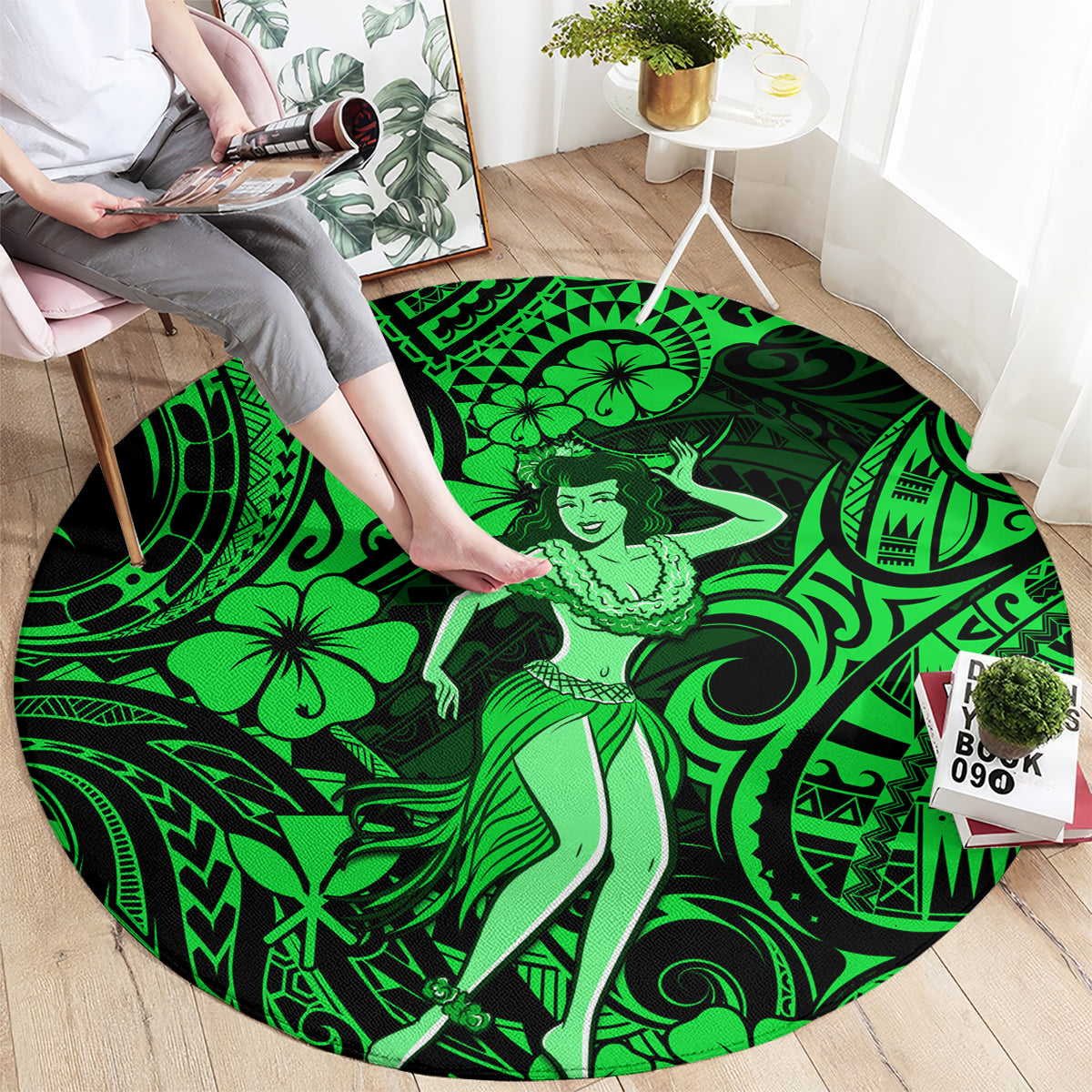 hawaii-hula-girl-round-carpet-polynesian-pattern-green-version